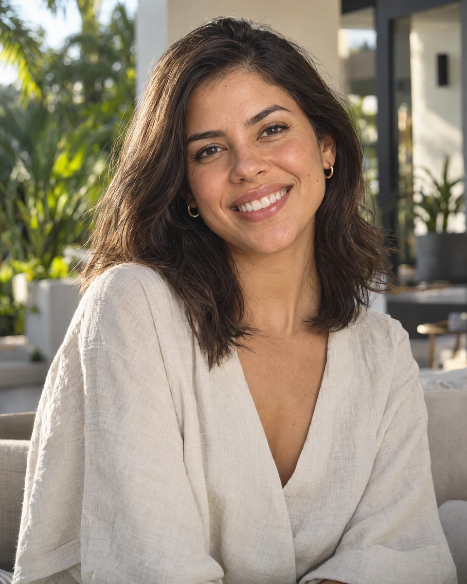 Smiling young adult woman seated in a light blouse, with greenery and a building behind her.